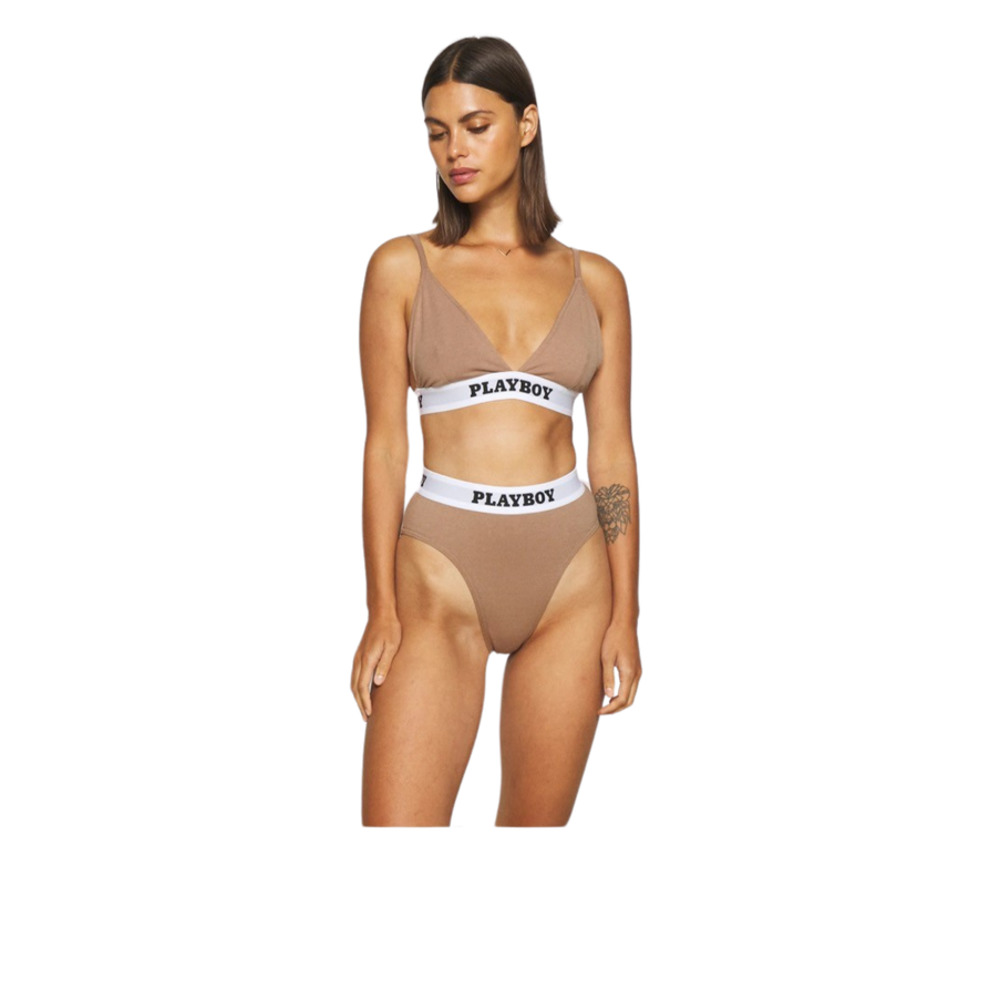 2 Piece High Waist Brief's Panty & Triangle Bra Missguided x Playboy Tan size 2